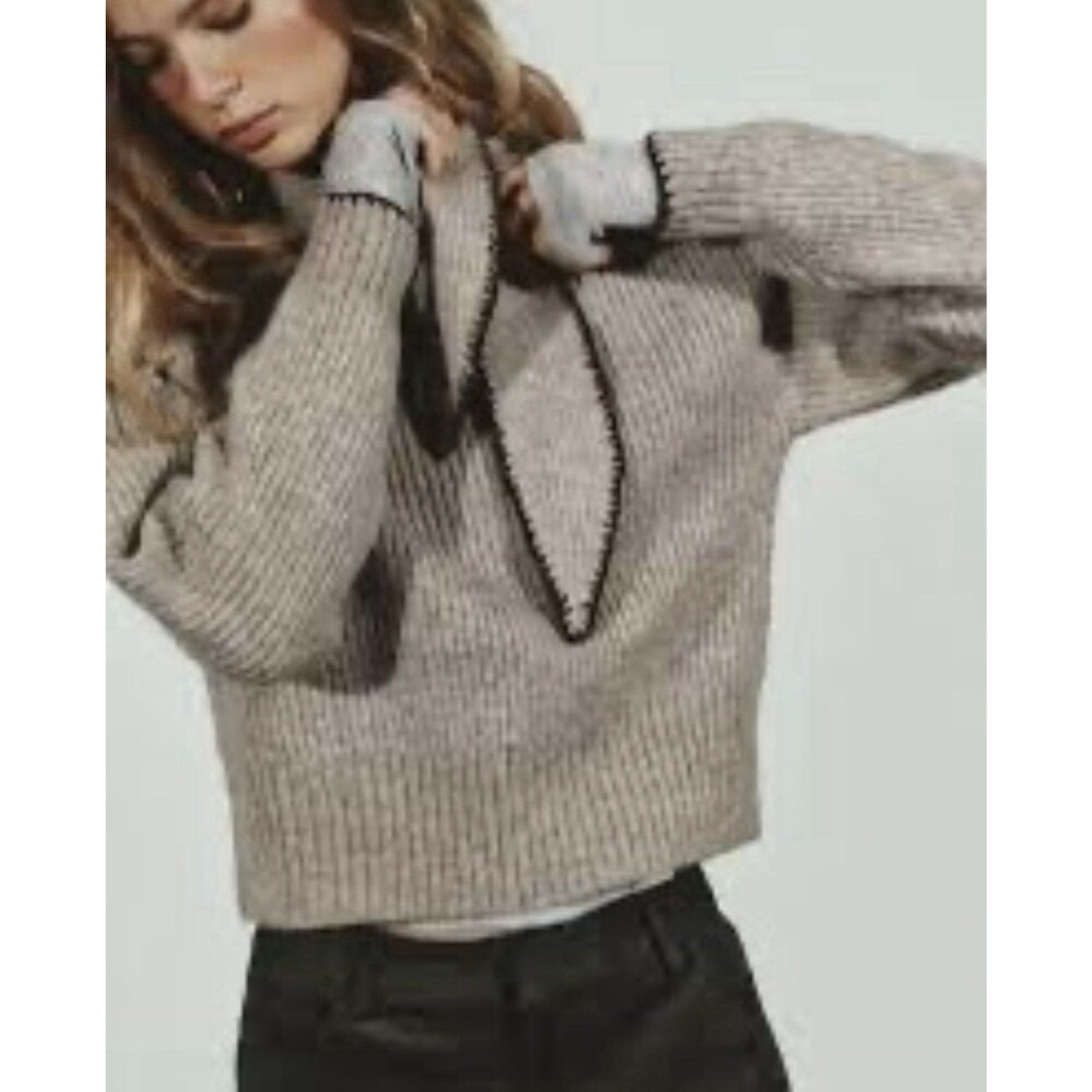 Zara Women’s Beige Sweater Tie Neck Bow Polyester Size M Chic Elegant Cozy Fall